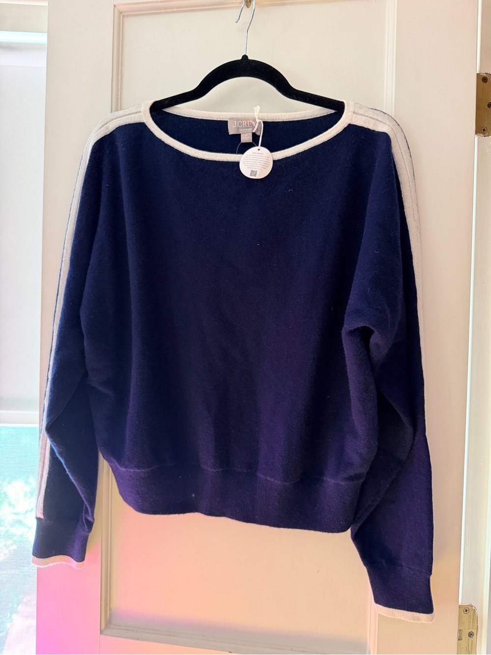 J. Crew cashmere Navy Sweater with Ivory Trim